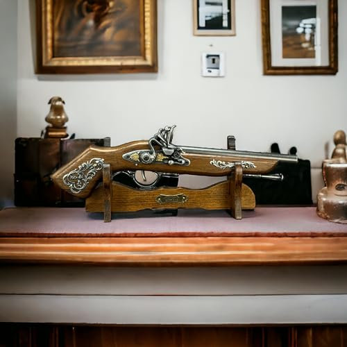 Steinschloss Pistole Mit Ständer oder Perkussions Pistole Holz und Metall Deko Waffen Replik LARP Reenactment historische Dekoration für einen Sammler oder Geschenk für Mann schießt Nicht (W175)