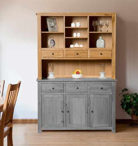 Hallowood Furniture Waverly Oak Large Sideboard Top with 3 Drawers and Open Shelves, Light Oak Wooden Storage Display Cabinets for Dining Room, Living Room or Bedroom, Kitchen Dresser Top