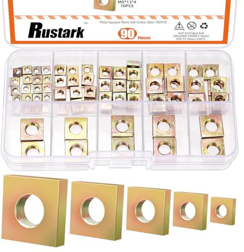 Rustark 90Pcs M3 M4 M5 M6 M8 Vierkantmuttern Sortiment Set Gelb Verzinkt Metrisches Vierkantmuttern Quadratmutter Einlegmutter Metall Quadratische Mutter Square Nuts für Industrielle Maschine