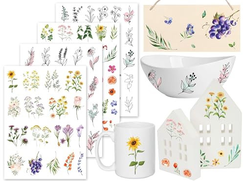 Sugeru Rub On Sticker - 4PCS Set | Sprüche Deko für Geburtstag, Raysin Keraflott, Silikonformen Gießformen, Hochzeit, Familie Folie für Möbel, Glas, Holz, Fotoalbum, Aufkleber Aesthetic (Blume I)