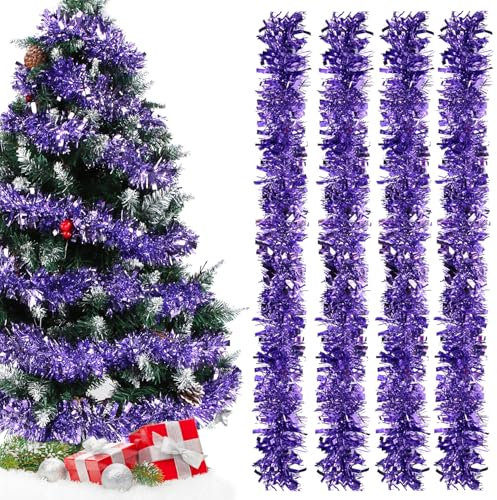 Lametta Girlande Weihnachten Lila,Metallisch Girlande Weihnachtsbaum,4 Stück Glänzend Weihnachtsgirlande,Weihnachtsbaumschmuck Girlande,Lamettergirlande,Festliches Lamettaa Dekoration