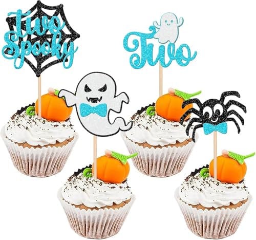 SYKYCTCY 24 Pack Halloween Spooky Cupcake Toppers Glitter Spider Little Boo Ghost Girl Second Birthday Cupcake Picks for Halloween Theme Baby Shower Girls 2nd Birthday Party Cake Decorations Supplies