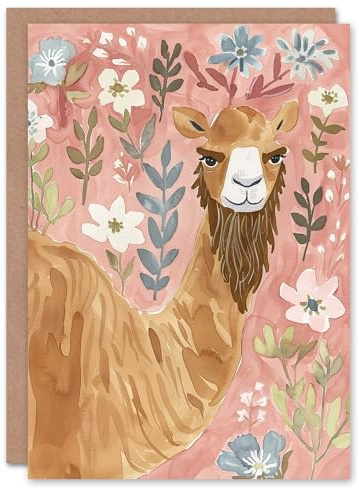 Artery8 Grumpy Bearded Camel Cartoon Floral Watercolour Blank For Him Or Her Art Birthday Card