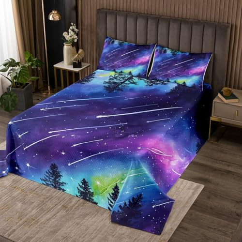 Loussiesd Galaxy Tagesdecke 240x260cm Außenraum Steppdecke Universum Wolke Galaxy Glitter Schießen Stern Druck Baum Wohndecke Dekor Bunte Bettdecke Stepp Decke