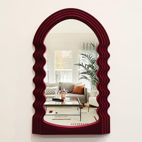 TEIPAI Mirror Wall Decor for Home Office Apartment, Colorful Decorative Mirror for Entryway Porch Fireplace, Irregular Hanging Wall Art Sculpture for Christmas (Wine Red)