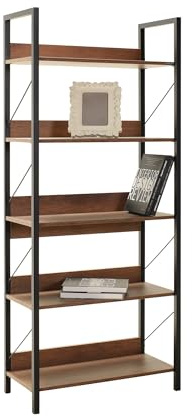 Hanah Home Stylish Walnut Bookshelf with Metal Frame, 73 x 172 x 35 cm | 100% Melamine Coated Particle Board, 16 mm Thick | Wall-Mountable, Versatile Storage Solution