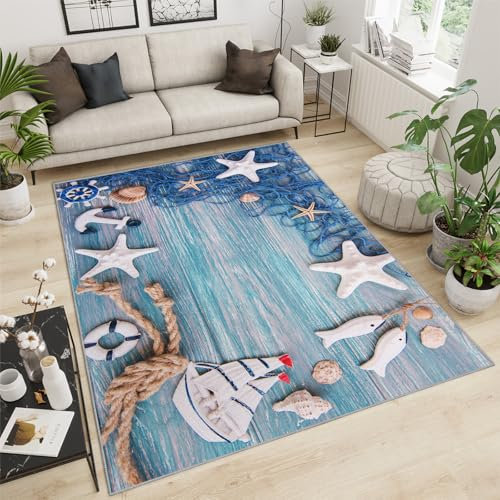 Blauer Ozean-Teppich, 120 x 170 cm, Kinderteppich, blauer Cartoon-Boot-Anker-Teppich, Ozean-Thementeppich, weicher, maschinenwaschbarer Teppich für Teenager, Jungen, Mädchen, Kinderzimmer, rutschfest