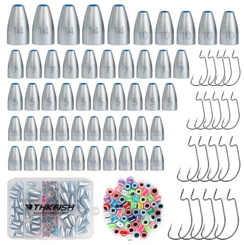 THKFISH Tungsten Worm Weights Kit, 120PcsTungsten Bullet Fishing Weights with Soft Plastic Core,Eye Beads,Fishing Hooks, Bullet Fishing Sinker Weights Kit for Bass Texas Carolina Rigs