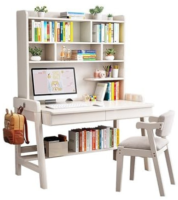 Desk，Work Desk，Office Table， Solid Wood Desk with Built in Bookcase and Chair Set for Home Office or Bedroom White Finish 80 x 60 x 186 cm