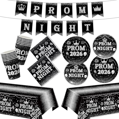 82 PCS Prom Night Decorations 2026 Tableware Set, Black Silver Graduation Party Supplies Include Plates,Napkins,Cups，Banner and Tablecloth for Class of 2026 Prom Party(Serve 20)