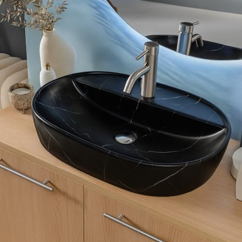 NORBE | Lavabo da appoggio in Ceramica | Lavandino in appoggio | (Marmo Nero, 60 cm)