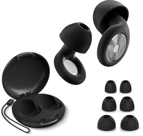 Tappi Orecchie Dormire, 2025 Nuovo Tappi Orecchie Riutilizzabili da 45dB Riduzione del Rumore per Dormire, per Meditazione/Viaggi/Lavoro/Studio/Concerti, con 8 Punte (XS/S/M/L) e Custodia - Nero