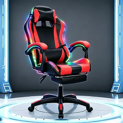 Gaming Chair with Bluetooth Speakers & LED Lights, Faux Leather Ergonomic Chair with Retractable Footrest, 360° Swivel Adjustable High Back Chair, 397lbs Weight Capacity for Gaming/Office