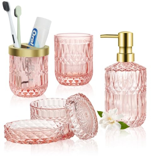 Badezimmer Zubehör Sets, 5 Stück Glas Badezimmer-Zubehör-Set,Glas Badezimmerzubehör,Seifenspender Set mit Lotionspender,Seifenschale,Zahnbürstenhalter,Becher,Wattestäbchen,Badezimmer Seifenspender Set