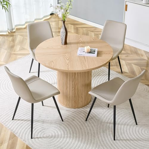Bladez Ensemble de salle à manger, 5 pièces, ronde, 100 cm, aspect bois naturel avec verre et 4 chaises en tissu technologique, table de cuisine avec chaises, ensemble de table de salle à manger, gris