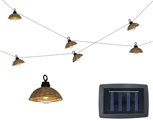 Solar LED Lichterkette mit Lampenschirmen in Rattan Optik 2,5m Kunststoff Warmweiß - Solarlichterkette für Garten Balkon - Solarkette Gartendeko - Outdoor Partylichterkette - Dekobeleuchtung Außen