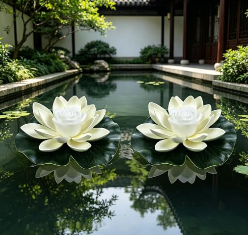 Floating LED Lotus Flower Lights, Built-in Battery Water Lily Lamps for Pond Pool Garden Landscape Decoration, Waterproof Floating Lights with Color Changing LED for Outdoor Water Features (White)