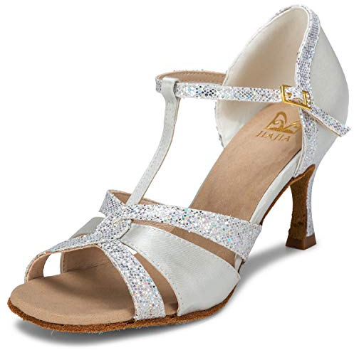 JIAJIA 20519 Damen Sandalen Ausgestelltes Heel Super-Satin mit funkelnden Glitter Latein Tanzschuhe Farbe Silber,Größe 40 EU (6.5 UK)
