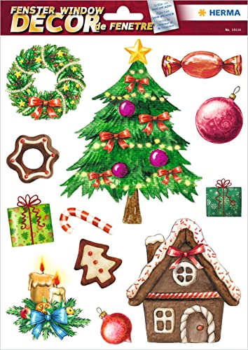 HERMA 15114 Fensterbilder Weihnachten Weihnachtsbaum Lebkuchen, 12 Stück, selbstklebend, Kinder Fensteraufkleber, ablösbare Winter Fenstersticker, Fensterfolie Kinderzimmer Dekoration Weihnachtsdeko