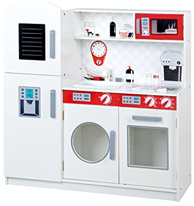 roba Spielküche, Kinderküche, weiß, rot, Kühlschrank, Tafel, Herd, Mikrowelle, Spüle, Wasserhahn
