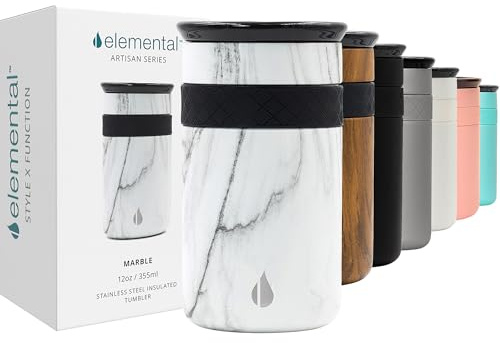 Elemental Artisan Insulated Tumbler - Triple Wall Coffee Travel Tumbler, Stainless Steel Coffee Tumbler with Ceramic Lid - Thermal Coffee Cup - Hot (6 Hrs) & Cold (18 Hrs) - 355 ml - White Marble