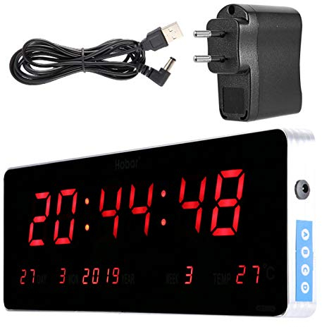 LED Digitaluhr, Aluminiumlegierung Rahmen Netzbetriebene Kalender Uhr Temperatur Wanduhren Große Rote Ziffer Display Tischuhr für Zimmer Küche Büro (EU Stecker)(Kalendertemperatur Woche)
