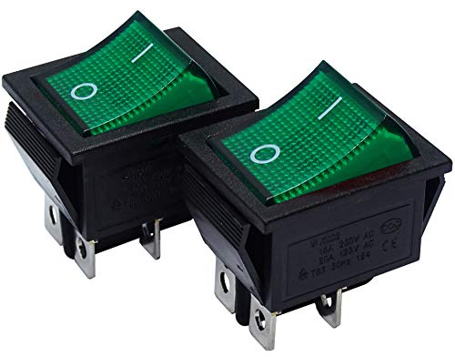 mmtrade | 2x Kippschalter grün beleuchtet 230V, ON-OFF/EIN-AUS Wippschalter beleuchtet, DPST, Einbauschalter einrastbar mit Selbsthemmung, 20A/125VAC, 15A/250VAC