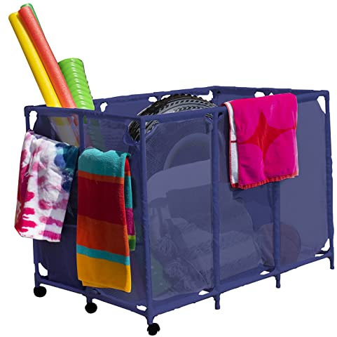 Essentially Yours Soporte para fideos de piscina, juguetes, flotadores, pelotas y flotadores, equipo organizador de malla rodante, 50 x 32 x 36 pulgadas, XXL, malla azul/PVC azul