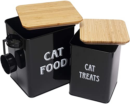 Pet Food and Treats Containers Set with Scoop for Cats or Dogs - Beige Powder-Coated Carbon Steel - Tight Fitting Wood Lids - Storage Canister Tins - Cat Food - Black