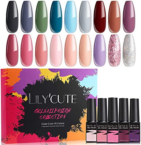 LILYCUTE 21Pcs Fall Winter Gel Nail Polish Set Solid Glitter UV/LED Soak Off Gel Nail Polish with Glossy Top Base and Matte Coat Soak Off Gel Nail Starter Manicure Kit 7ml