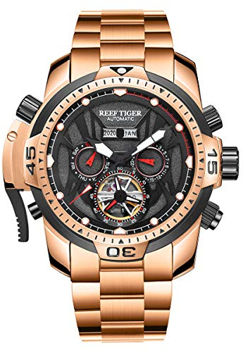 REEF TIGER Sport Herrenuhr Automatik Komplizierte Uhr mit Roségold Armband RGA3532 (RGA3532-PBRP)