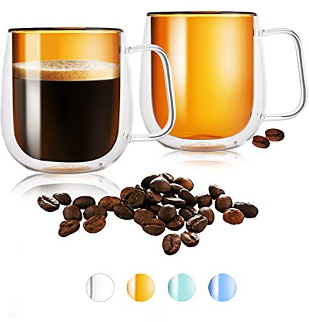 ETERMETA 12 oz Glass Insulated Coffee Mug(Pack of 2), Colored Double Walled Cups with Handles, Large Coffee Mugs Bulk Sets for Americano, Latte, Espresso, Cappuccinos Beverage and Tea