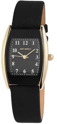 Just Watch Damen Armbanduhr Analog, Gesamtlänge 24 cm, Echtlederarmband – 5 ATM (Schwarz/Gold)