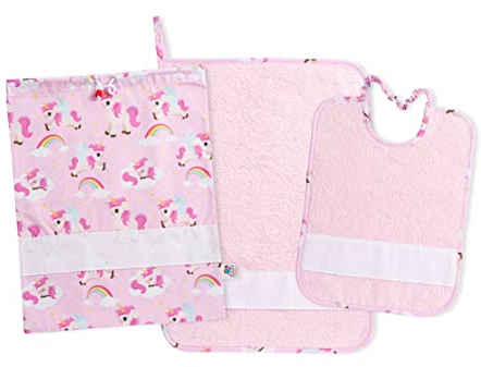 FILET - Set Kindergarten Drei Stück mit Canvas Aida zu Sticken, bestehend aus Beutel, Handtuch und Lätzchen aus Farbiger Schwamm, 100% Baumwolle, Made in Italy, Fantasie Einhörner Rosa Hintergrund