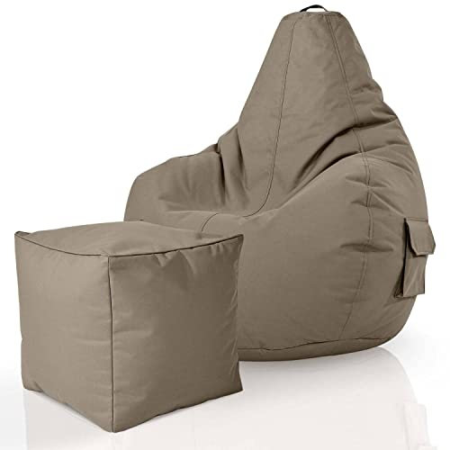 Green Bean 2er Set Sitzsack + Hocker - fertig befüllt - robust waschbar schmutzabweisend - Kinder & Erwachsene Bean Bag Bodenkissen Lounge Sitzhocker Relax-Sessel Gamer Gamingstuhl Pouf - Khaki