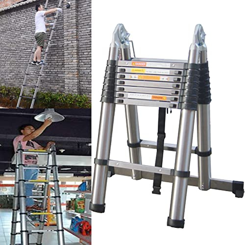 Telescopic Ladder Folding Extension Ladder A-Frame Multi Purpose Ladder with Stabiliser Bar 330lbs 150kgs Capacity 5M Ladder