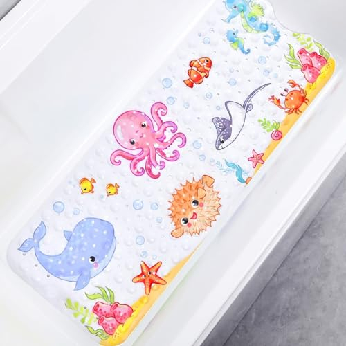 Secopad Tappetino da bagno per bambini antiscivolo, 101,6 x 40,6 cm, grande, antiscivolo, con fori di scarico e ventose (Pink Octopus)