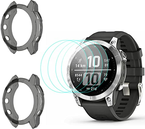 MWOOT Compatible con Garmin Fenix 7 Protectores Cristal Templado 4 Unidades y Funda Silicona 2 Unidades, 9H Dureza Resistente a Arañazo Protector Pantalla Vidrio Templado Proteccion Smartwatch