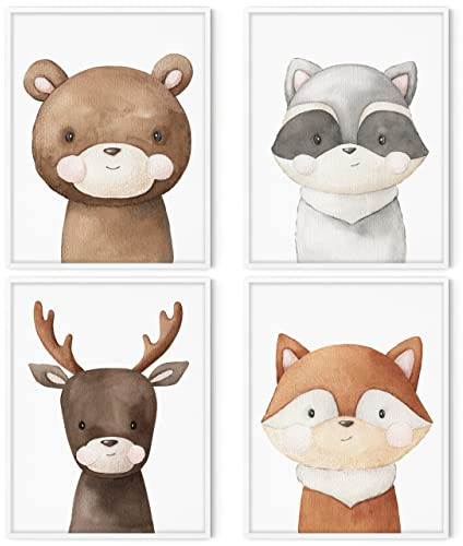 HappyArts® | Kinderzimmer Bilder A4 Poster 4er Set Deko Mädchen Junge Babyzimmer | Handgemalte Skandinavische Tiere Fuchs Reh Waldtiere OHNE RAHMEN