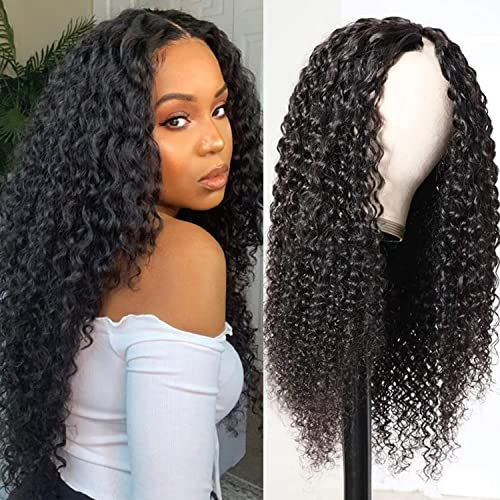 V Part Wig Human Hair Curly Wave No Leave Out Upgraded of U Part Wigs Brazilian Virgin Human Hair wigs for Black Women Afro Kinky Curly V Part Wigs No Sew in No Glue Natural Color (18 Inch)
