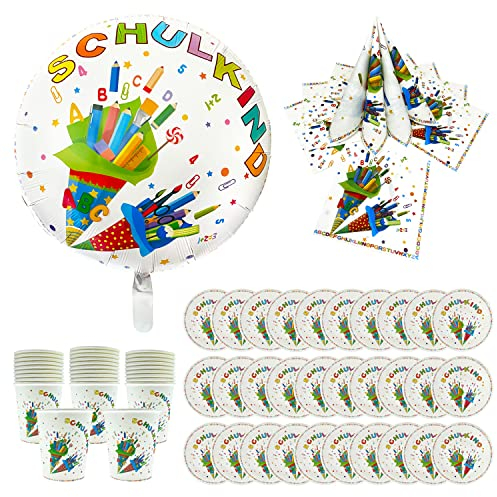 Oblique Unique® Schuleinführung Schulanfang Einschulung Deko Set - Folienballon “Schulkind” + 40 Servietten + Pappteller + Pappbecher (Bunt - Set mit 30x Pappteller + 30x Pappbecher)