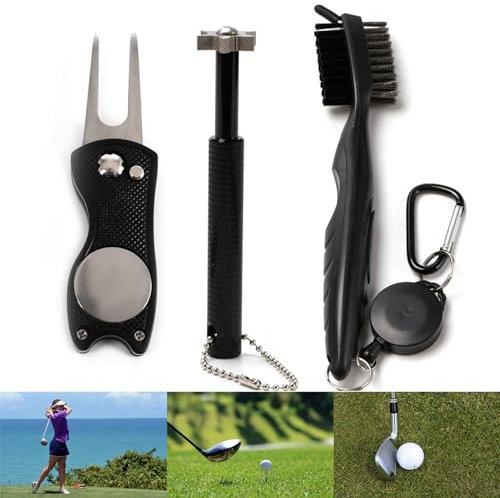 VANANA Golf Groove Cleaning Tool Set, Golf Club Brush Golf Groove Sharpener with Foldable Divot Repair Tool, Pack of 3 Golf Sport Bags Kit (Black) (Black)
