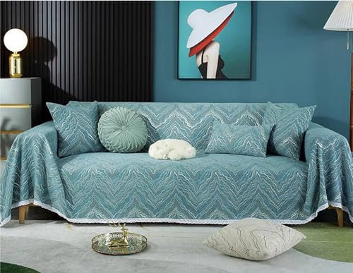 Mesnt Sofabezug 4 Sitzer Big Sofa, Hellblau Sofaschoner Überwurfdecke Sofaschutz für Katze/Hunde Einfache Bergstruktur mit Spitze aus Chenille, 180x380cm