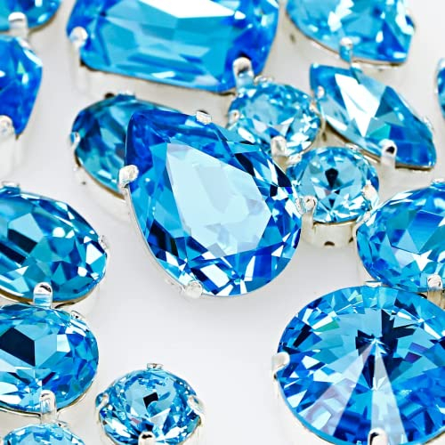 DONGZHOU 82Stück Strasssteine zum Aufnähen, Nähen Auf Strass mit Silber Krappenfassung Glas Nähen Strasssteine für DIY Crafts Schmuck machen Kleidung Hut Hochzeit Kleid Dekoration,Dunkler Aquamarin