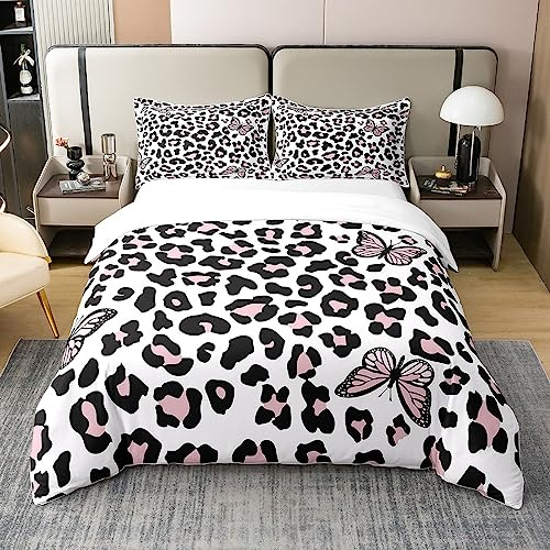 Homewish Housse de Couette 200x200 Coton Imprimé Léopard, Ensemble de Literie Papillon pour Enfants Filles, Parure de Lit Imprimé Guépard Rose, pour La Chambre À Coucher, Doux et Respirant