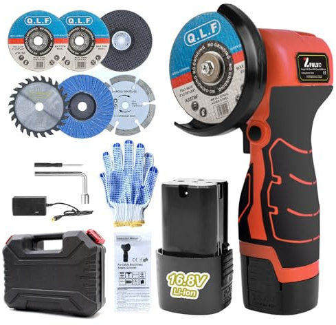 ZFULVO Cordless Brush Angle Grinder Kit, 19500rpm Mini Electric Angle Grinding Tool with 1pcs 16.8V 2000mAh Batteries and 5-Cutting Discs, Grinder Handheld Cutter for Metal Wood (Red)