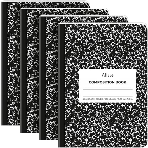 Alitte Kompositions-Notizbücher, 4 x 4 kariert, liniert, 200 Seiten (100 Blatt), schwarzer Marmor, glatte dicke Seiten, 9,75 x 7,5 cm, Schulhefte, Schreibblöcke
