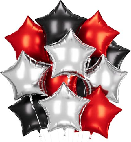 Stern Folienballons Rot Schwarz Silber 24 Stück,Silvester Deko Stern Luftballons,Stern Helium Luftballons, Sternluftballons Heliumballon Hochzeitsdeko,Silvester Geburtstagsdeko oder Valentinstag