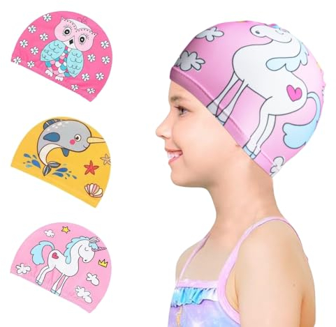 Crazy Bean 3 Pezzi Cuffia Piscina Ragazze Ragazzi Tessuto Cuffia Nuoto Cuffietta da Nuotare Elastica Cuffietta Da Nuoto Bambini Catoon A