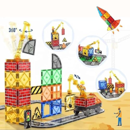 Wonder Toys 63 Teile Cityscape Magnetisches Bauset mit Kran und Verkehrsschildern Original Magnetisches Konstruktionsspielzeug